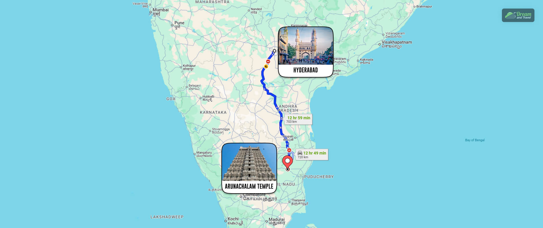 Hyderabad To Arunachalam Temple Distance